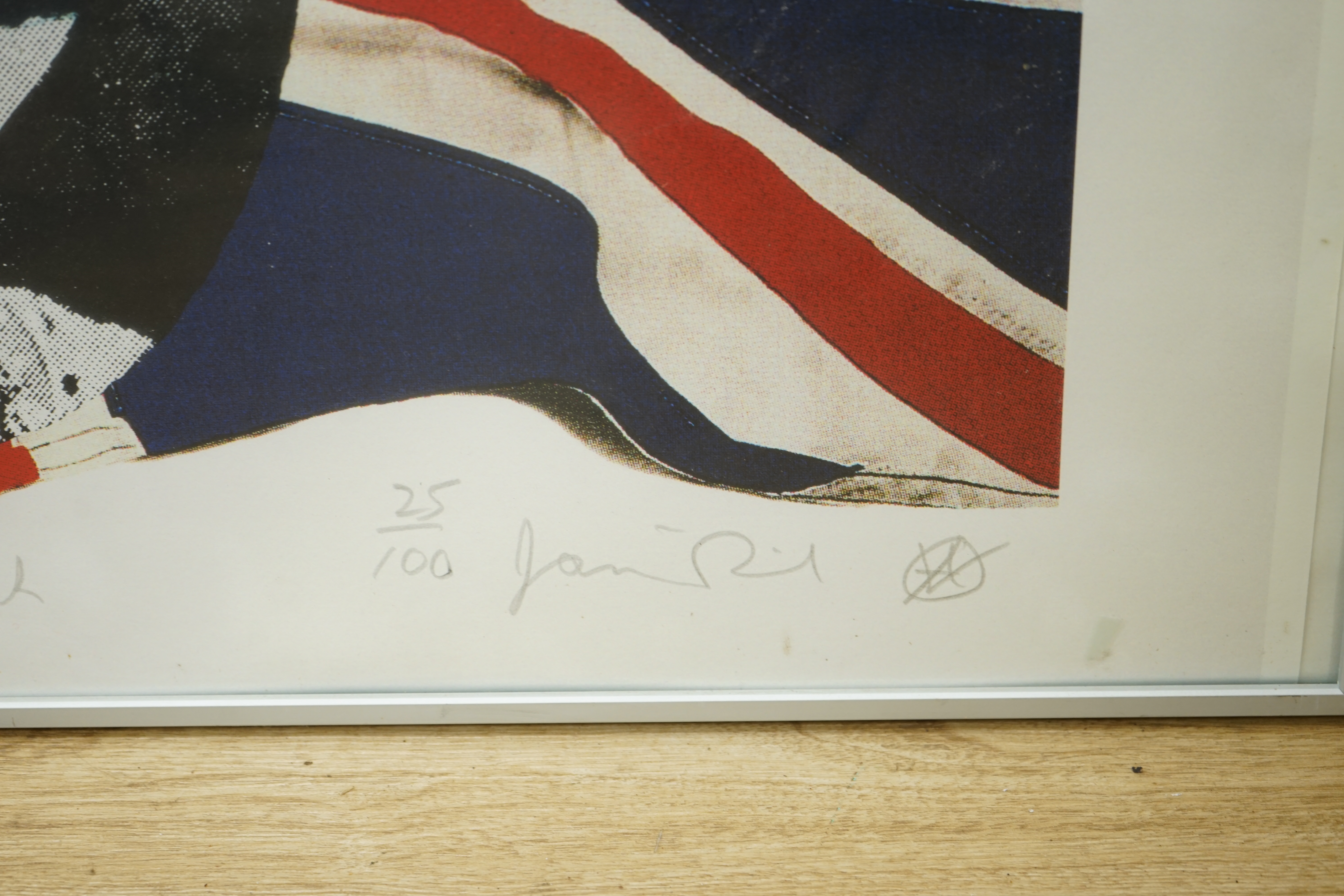 Jamie Reid (1947-2023), limited edition colour giclée print, ‘God Save the Queen - Never Trust a Punk’, in the style of The Sex Pistols album cover, signed in pencil, edition 25/100, 59.5 x 79.5cm. Condition - fair to go